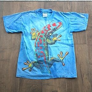 VTG Y2K GILDAN TIE DYE GECKO DOUBLE SIDED 100% PERCENT COTTON TEE MENS M